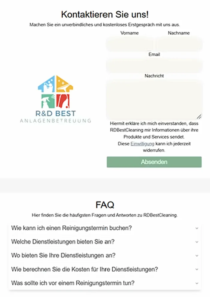 Kontaktseite und FAQ in der mobilen Ansicht