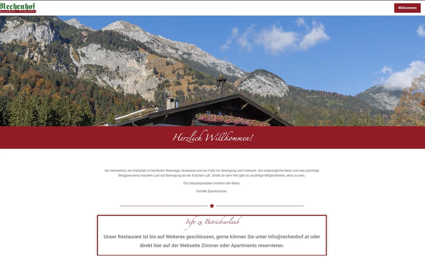 Startseite des Gasthofs Rechenhof in der Desktop-Ansicht