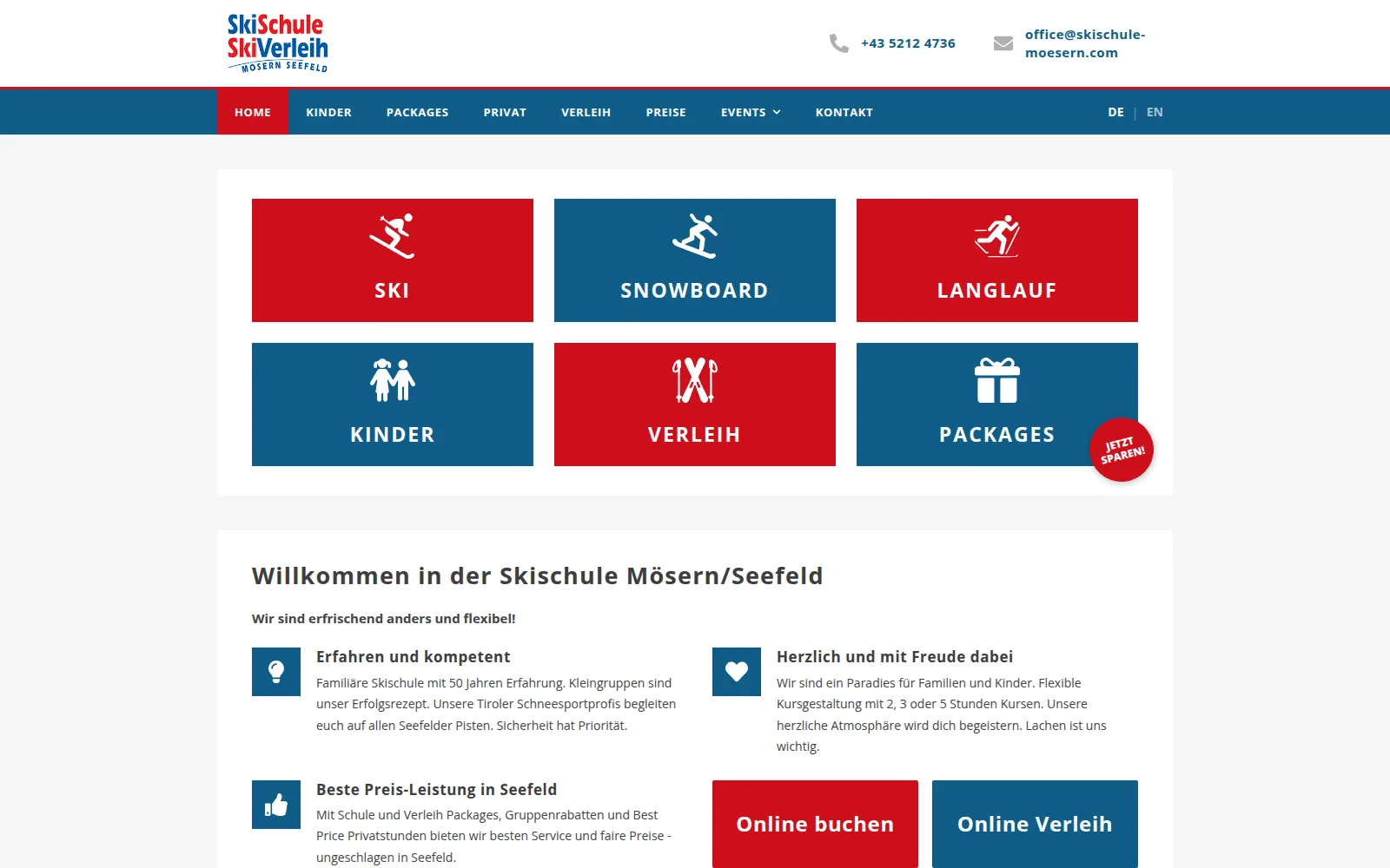 Startseite der neuen Website von Skischule und Skiverleih Mösern/Seefeld